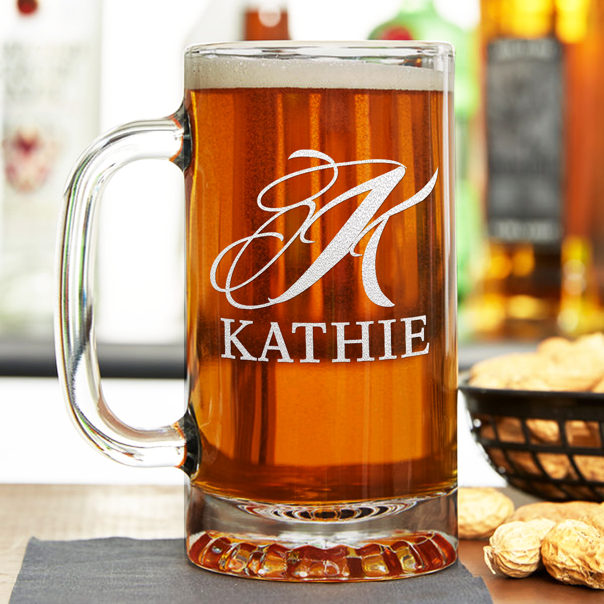 Personalized Script Monogram Initial and Name Laser Engraved on 16 oz Glass Mug