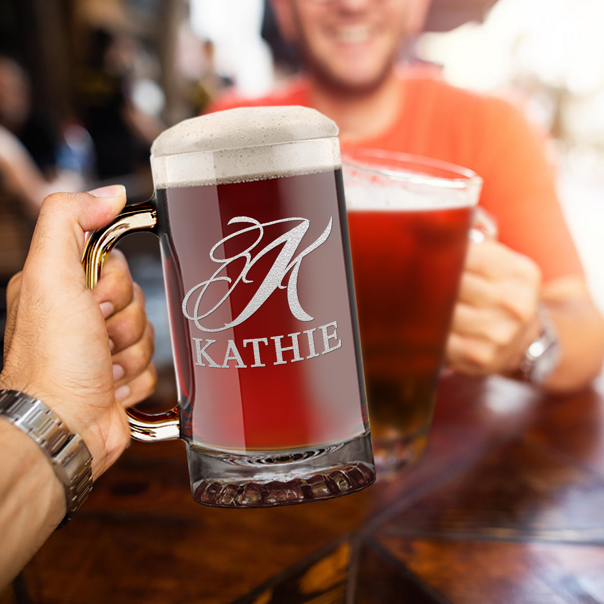 Personalized Script Monogram Initial and Name Laser Engraved on 16 oz Glass Mug