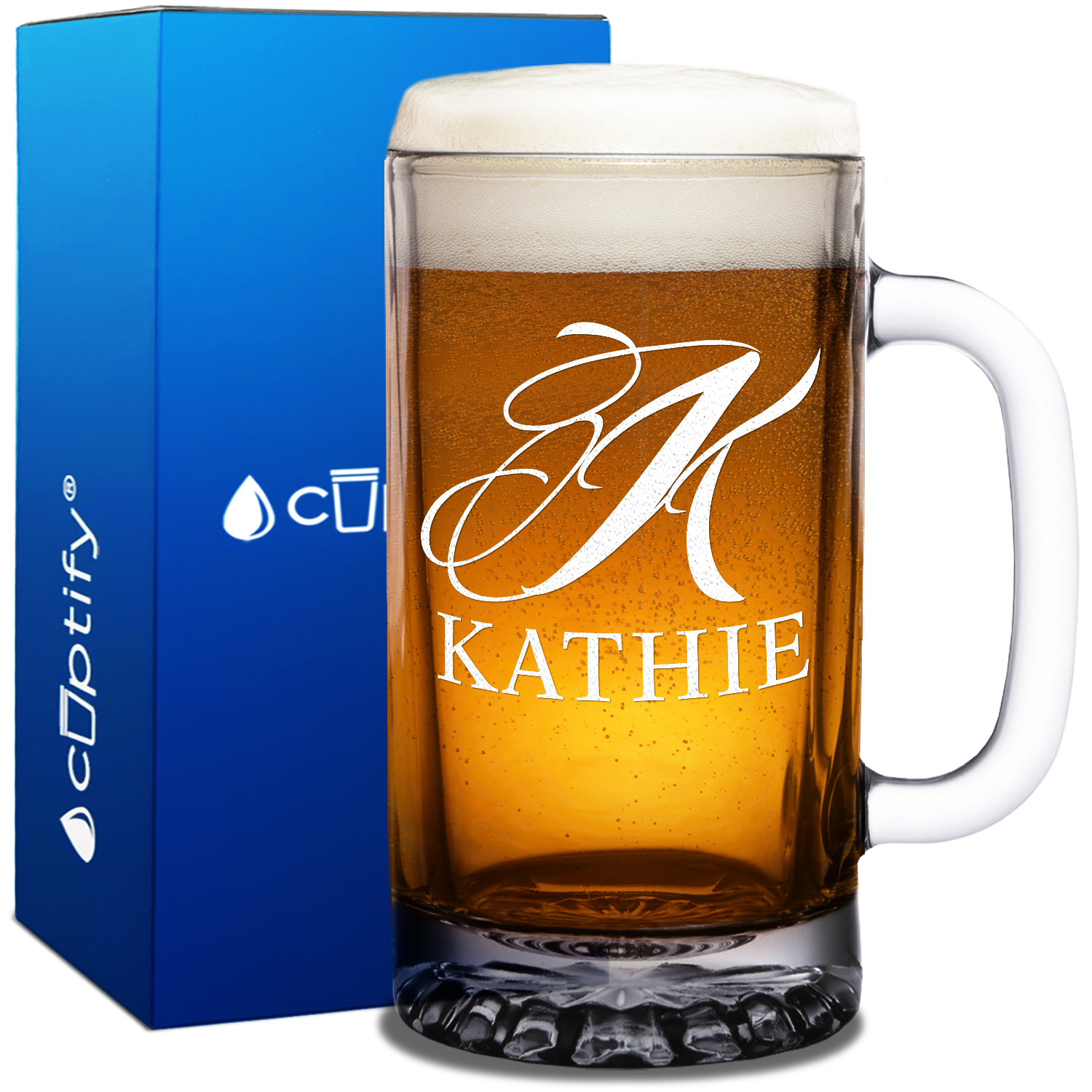 Personalized Script Initial and Name Etched on 16 oz Glass Mug