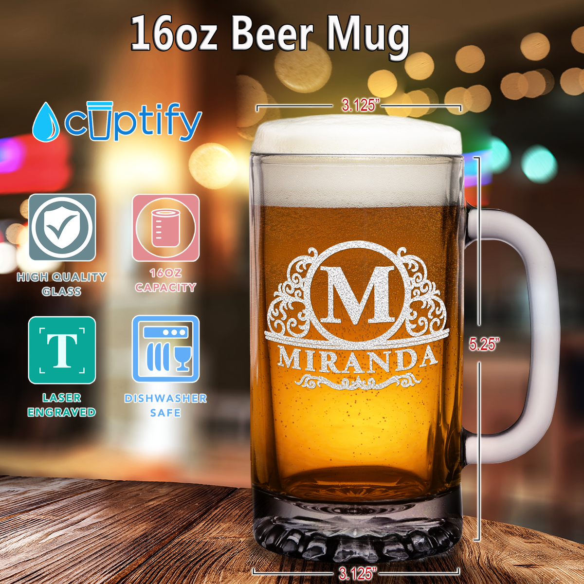 Personalized Elaborate Circle Monogram Laser Engraved on 16 oz Glass Mug