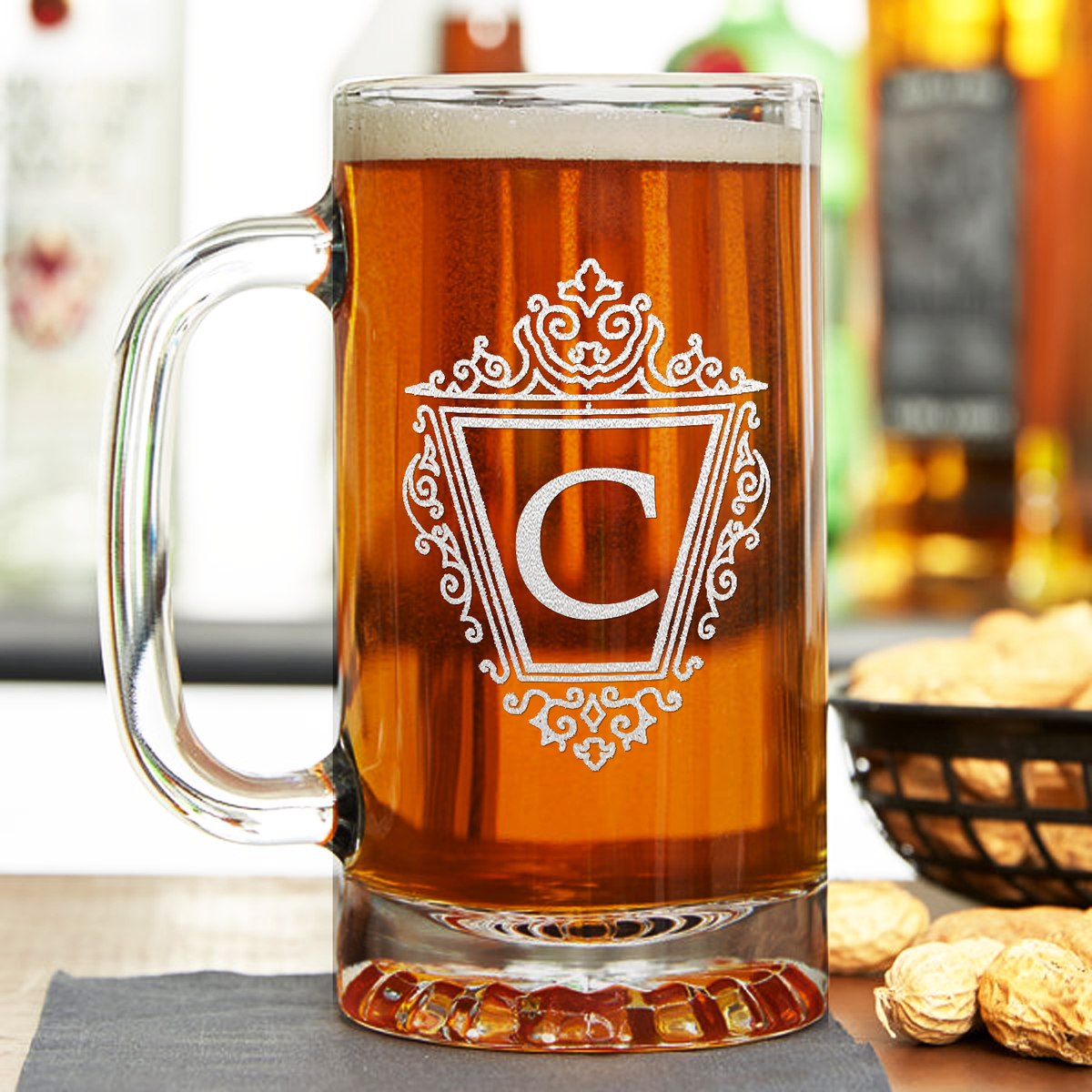Personalized Classic Crest Monogram Laser Engraved on 16 oz Glass Mug
