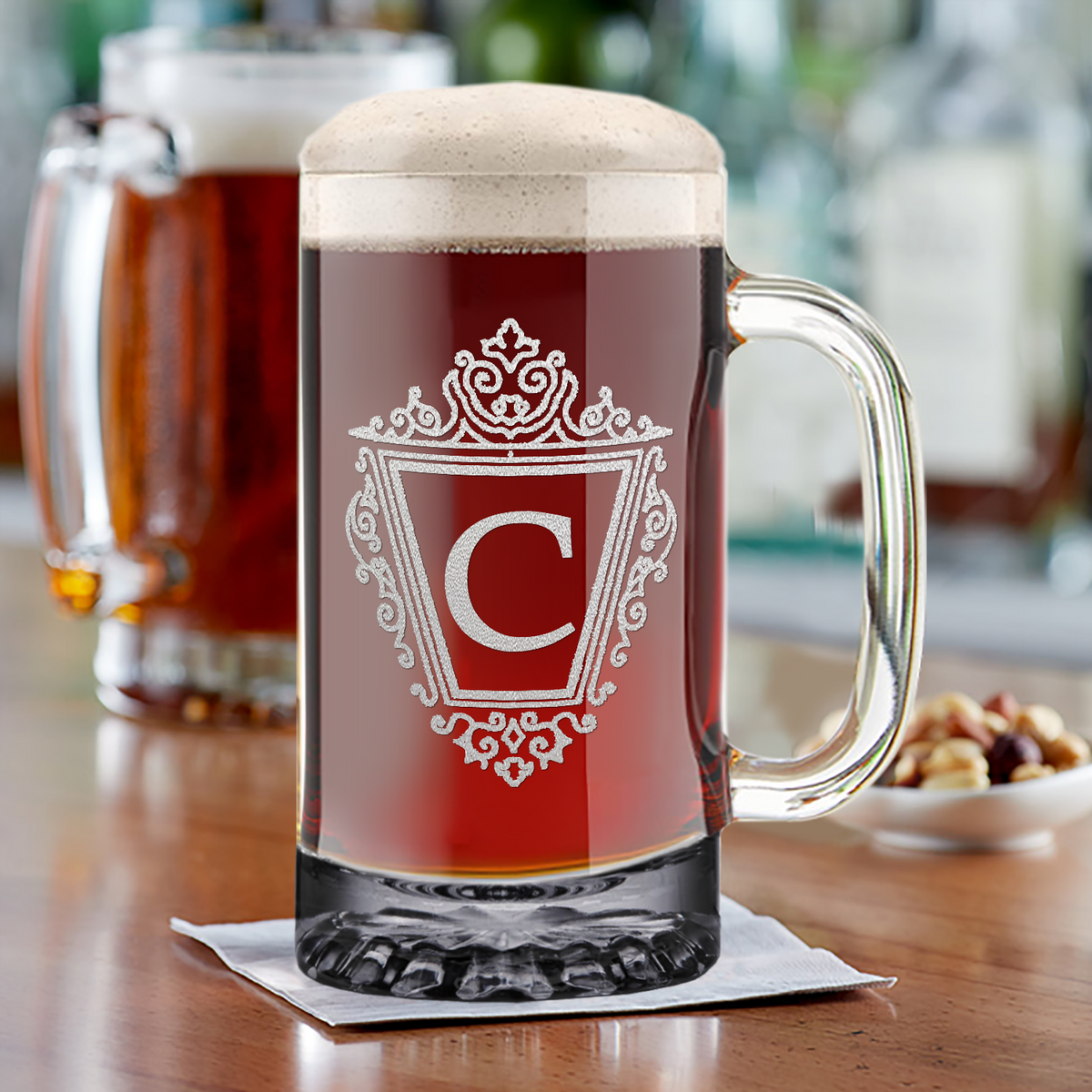 Personalized Classic Crest Monogram Laser Engraved on 16 oz Glass Mug