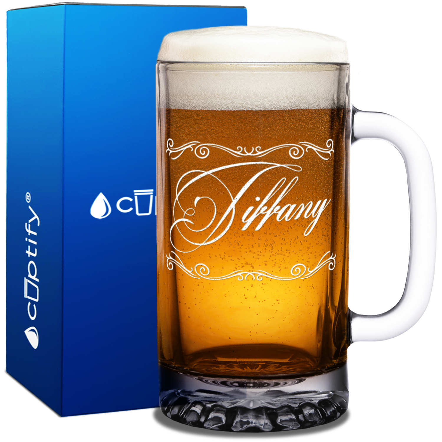 Personalized Scroll Script Etched 16oz Beer Glass Mug