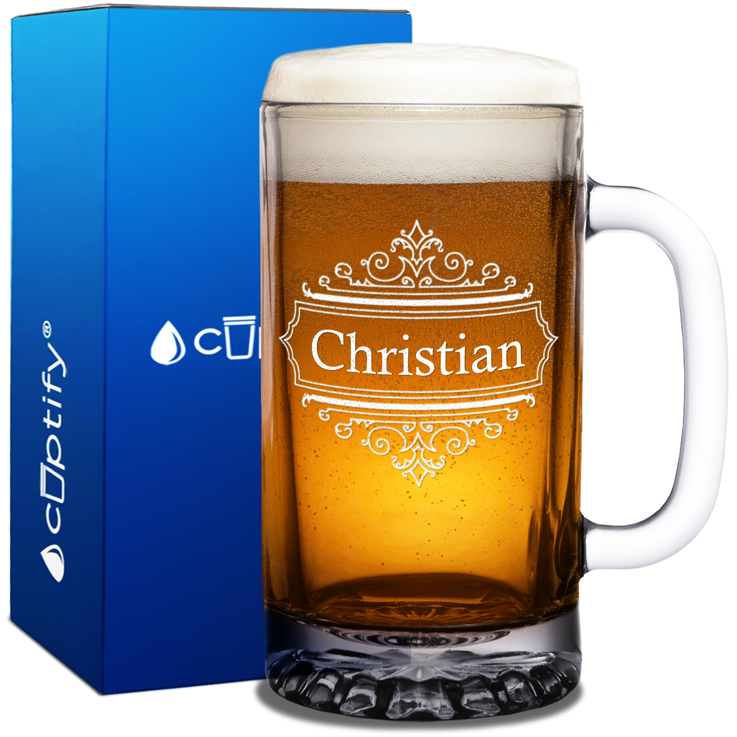 Personalized Crest Border Etched 16oz Beer Glass Mug