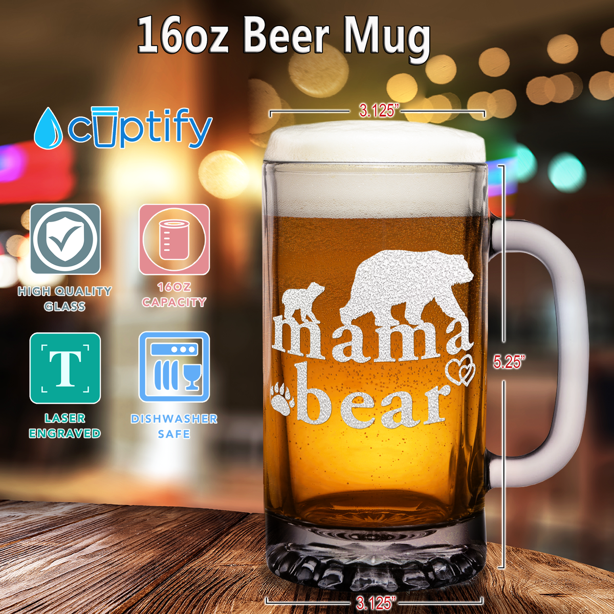 Mama Bear 16 oz Beer Mug Glass