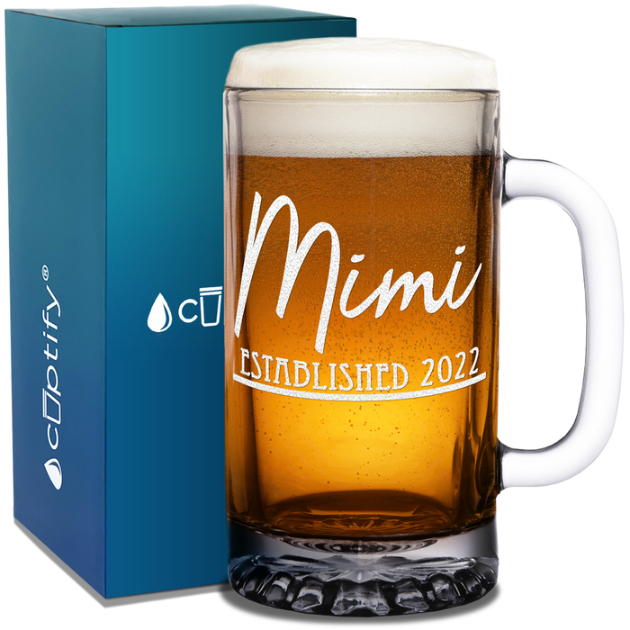 Mimi Established 2022 Etched on 16 oz Beer Mug Glass