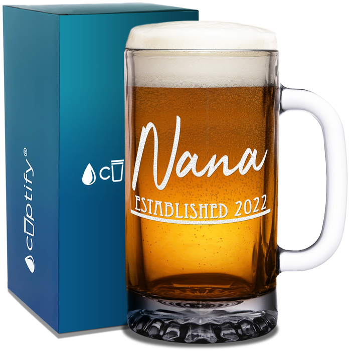 Nana Established 2022 Etched on 16 oz Beer Mug Glass