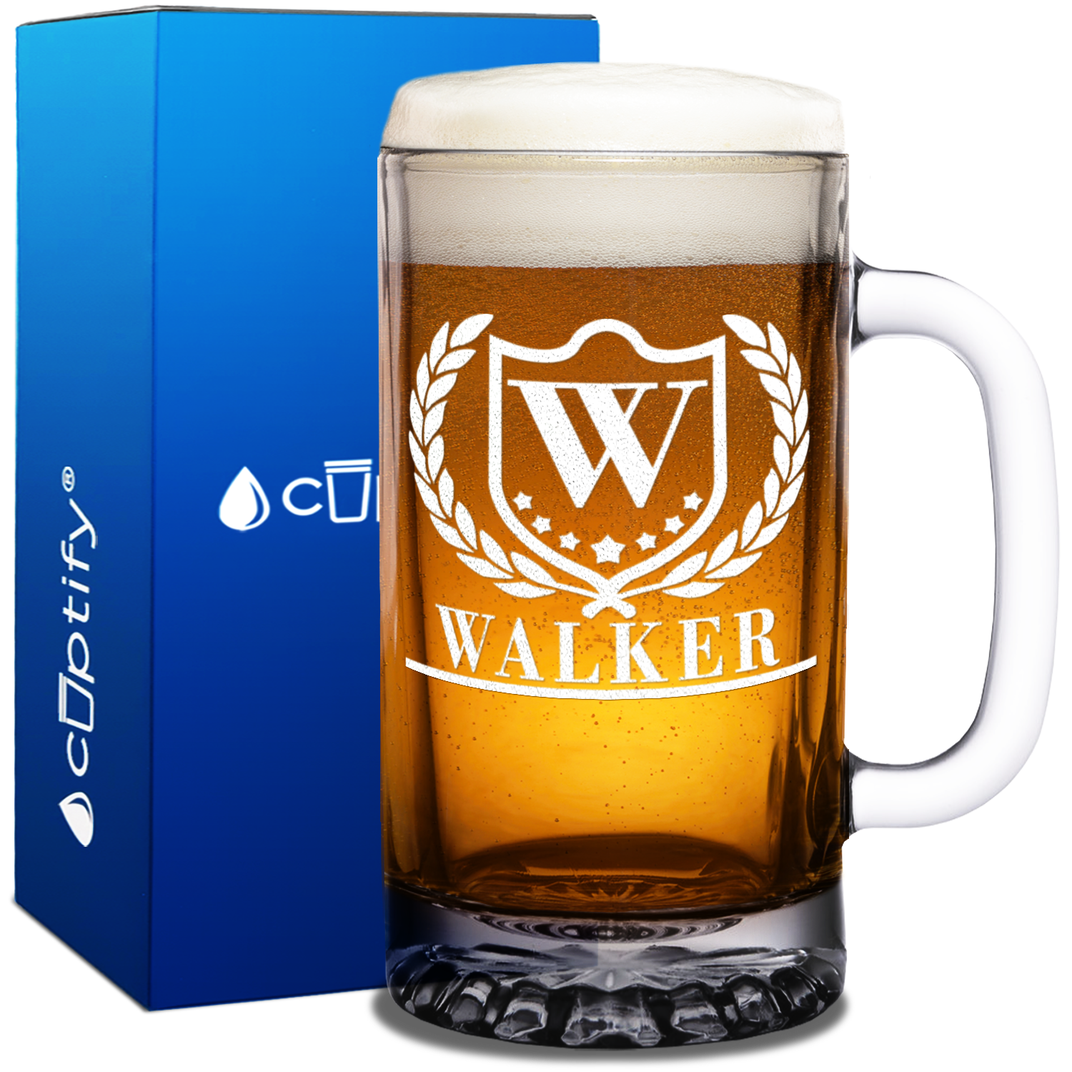 Personalized Initial and Name with Laurels Etched 16oz Beer Glass Mug