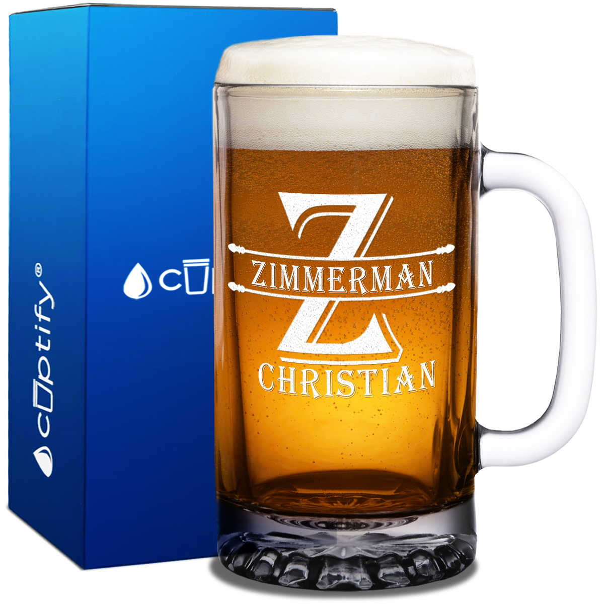 Personalized Initial Block Etched 16oz Beer Glass Mug