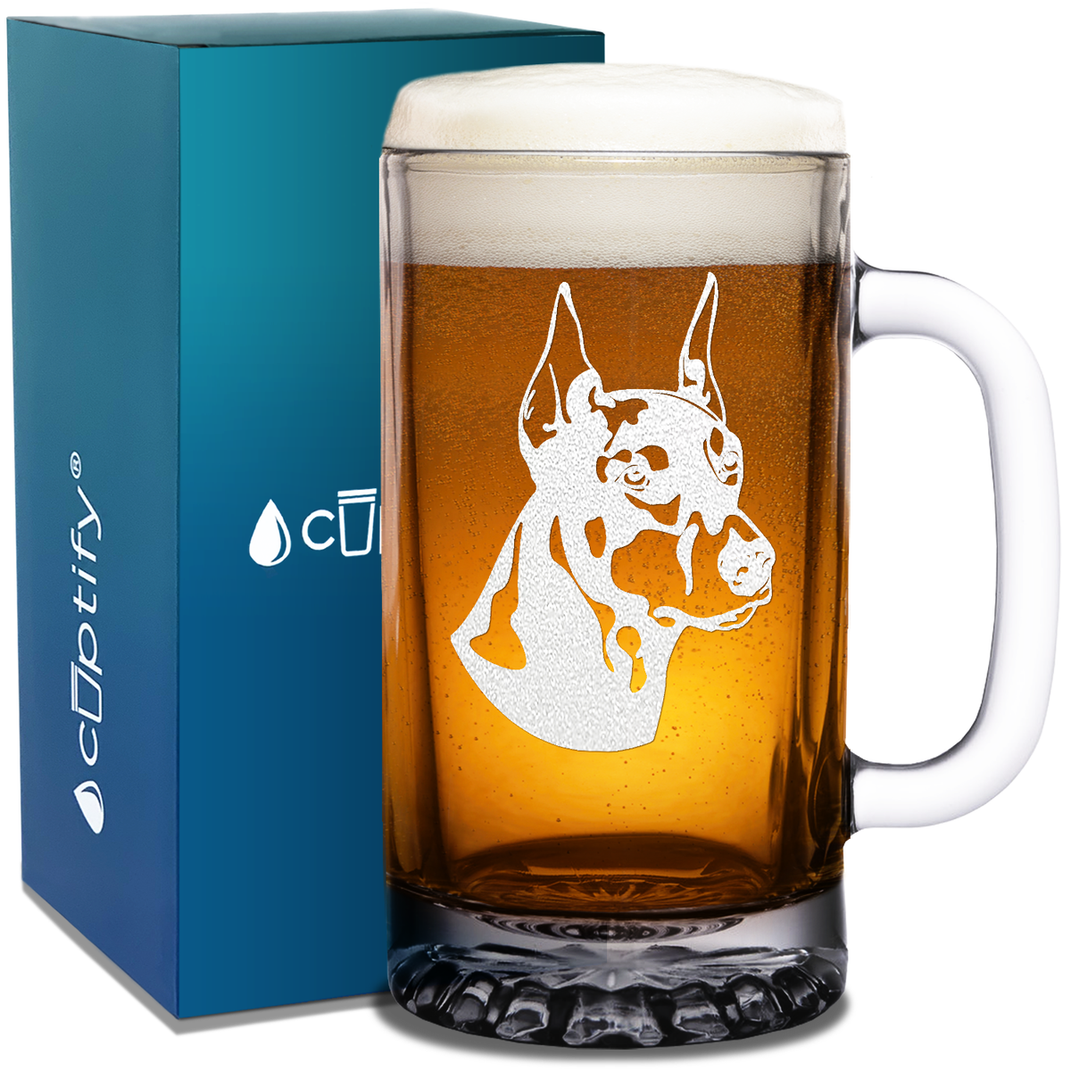 Doberman Pinscher Head 16 oz Beer Mug Glass