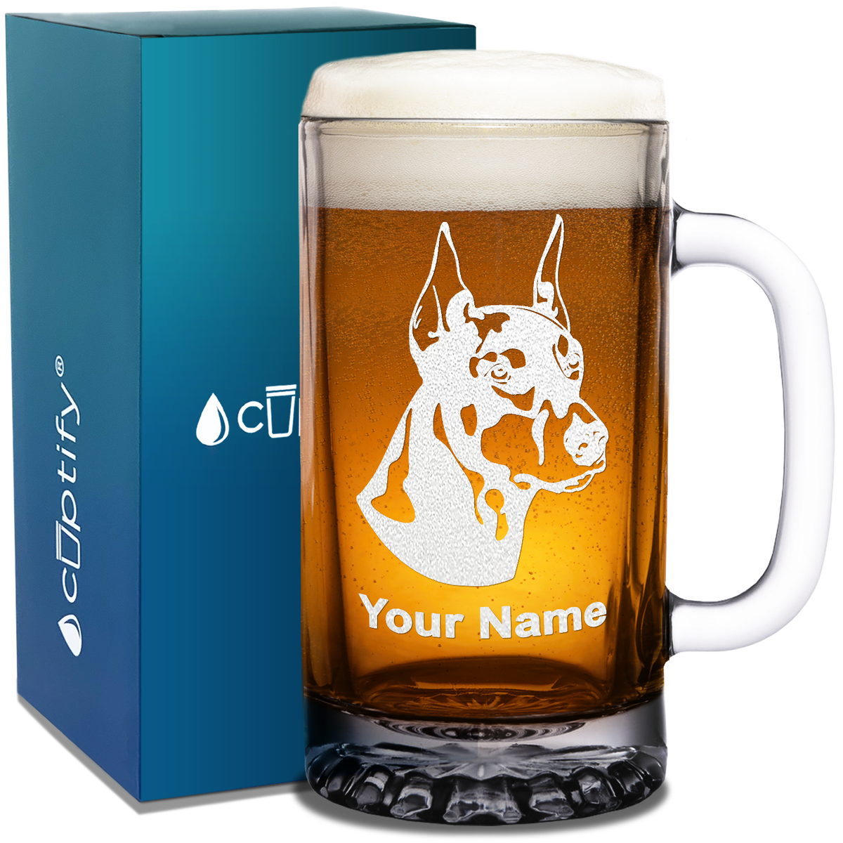 Personalized Doberman Pinscher Head 16 oz Beer Mug Glass