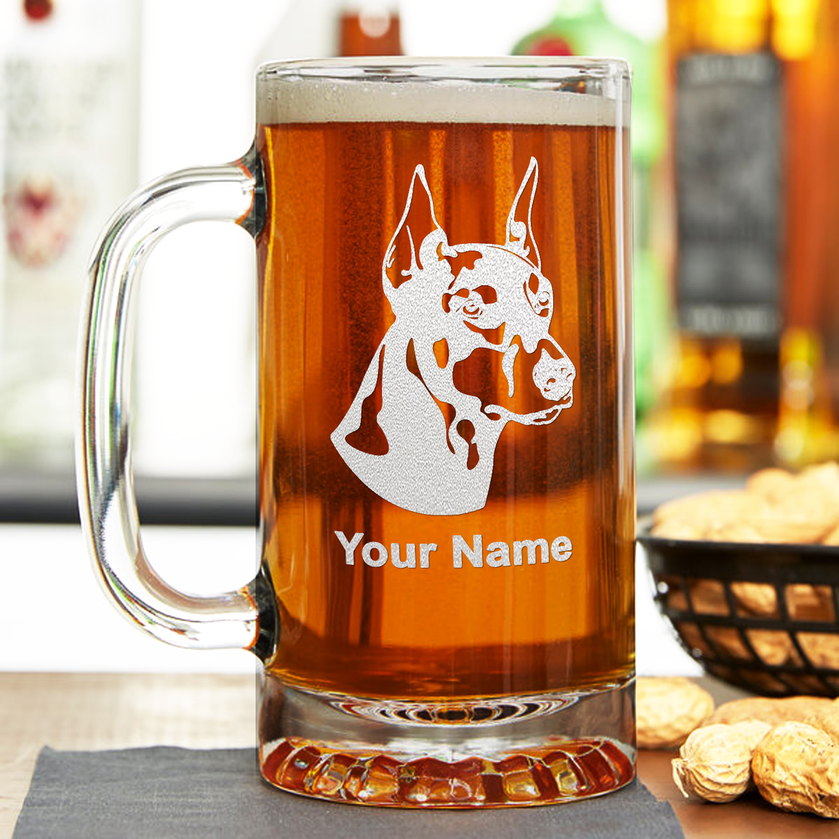 Personalized Doberman Pinscher Head 16 oz Beer Mug Glass