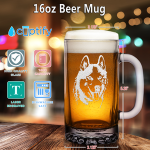 Siberian Huskie Head 16 oz Beer Mug Glass