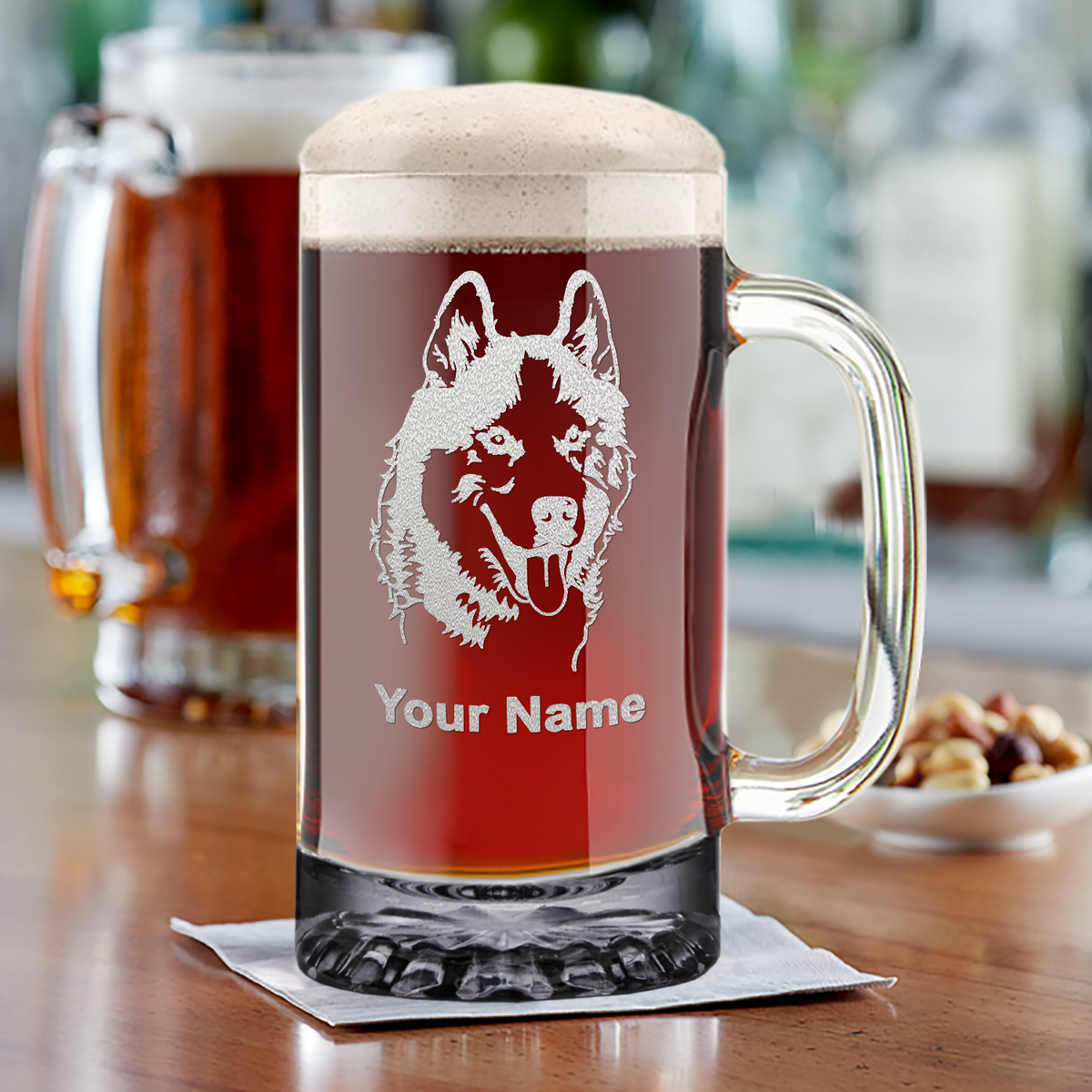 Personalized Siberian Huskie Head 16 oz Beer Mug Glass