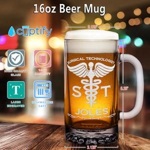 Personalized ST Surgical Technologist 16 oz Beer Mug Glass