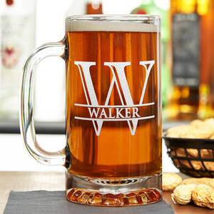  Initial Monogram with Name or Surname Etched on 16 oz Beer Glass Mug