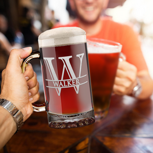  Initial Monogram with Name or Surname Etched on 16 oz Beer Glass Mug
