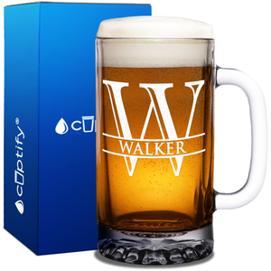 Initial Monogram with Name or Surname Etched on 16 oz Beer Glass Mug
