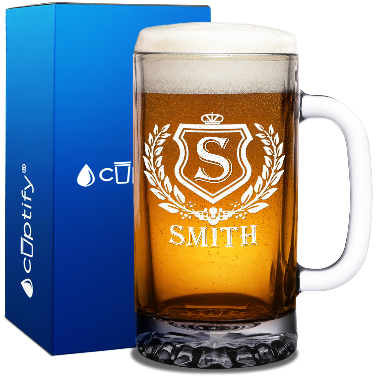 Initial Badge Etched 16oz Beer Glass Mug