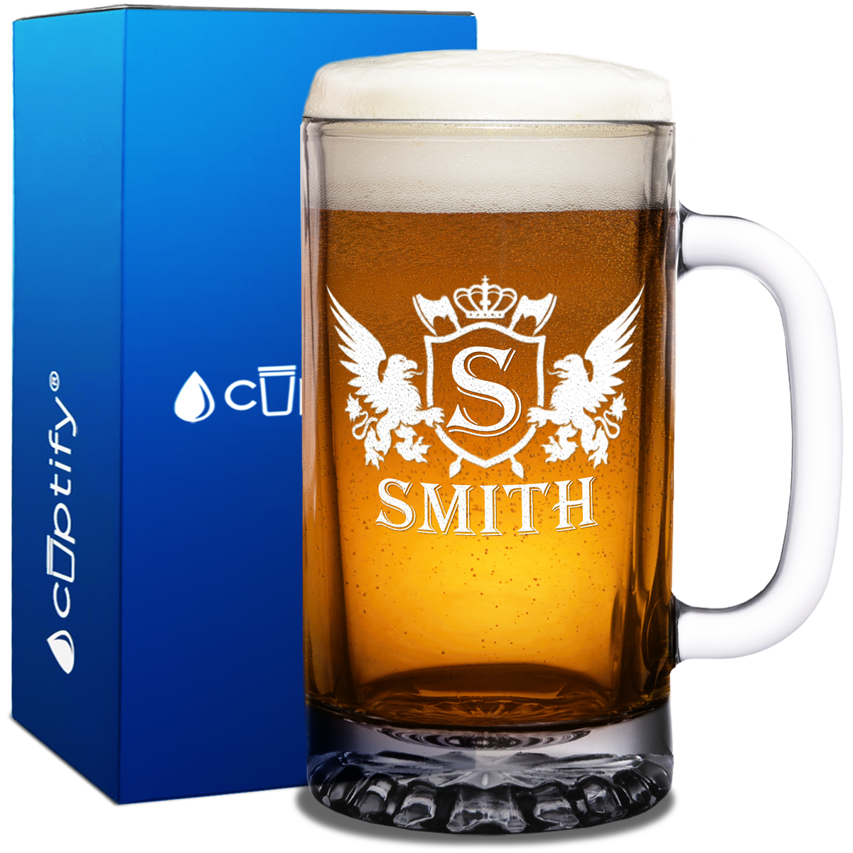 Initial Badge Crown Etched 16oz Beer Glass Mug