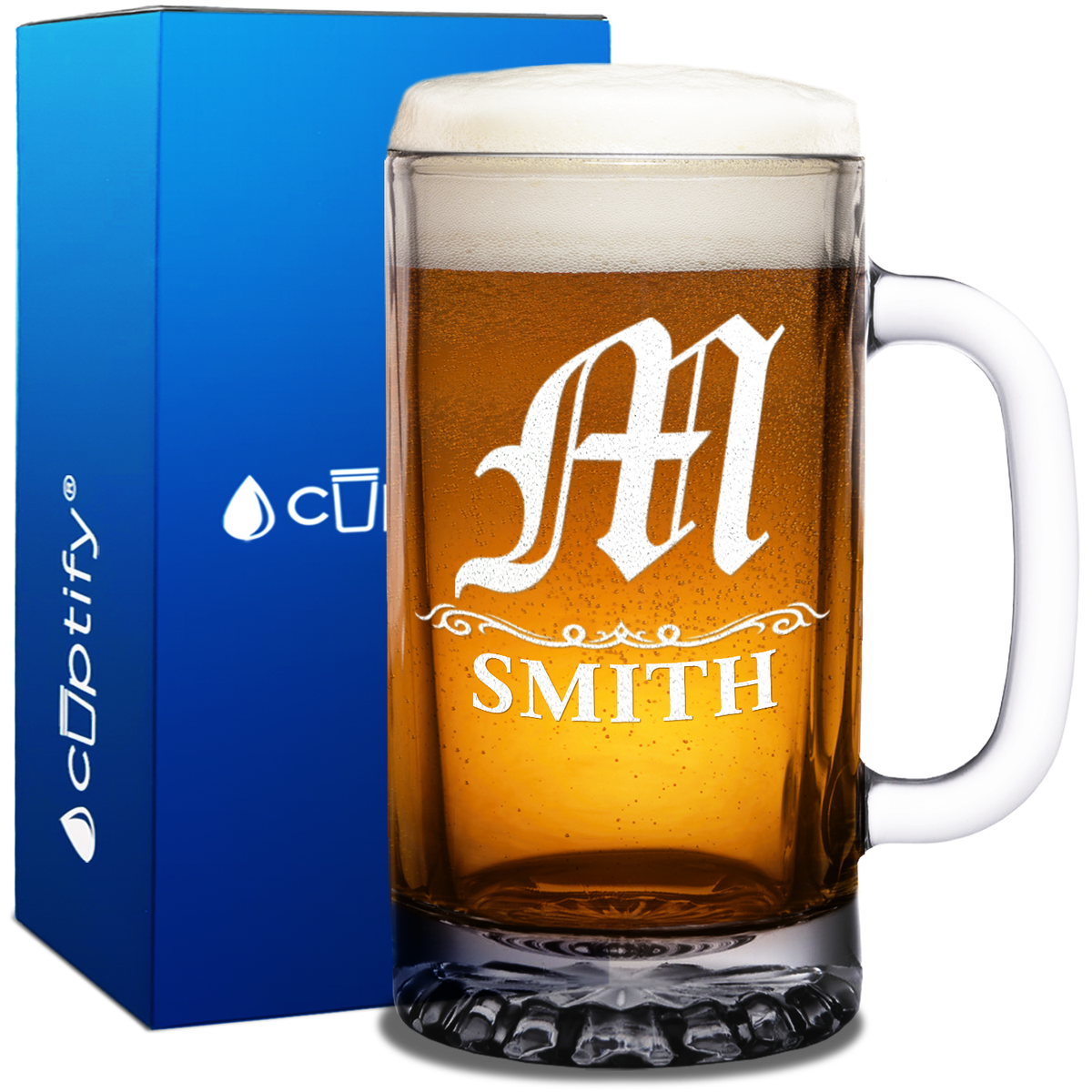 Personalized Gothic Initial Etched 16oz Beer Glass Mug