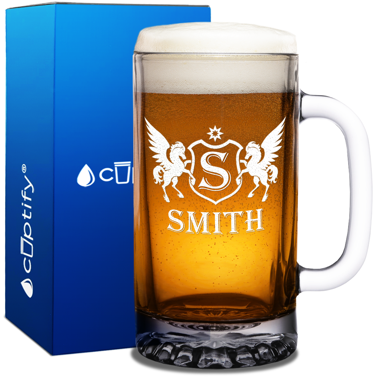 Personalized Pegasus Etched 16oz Beer Glass Mug