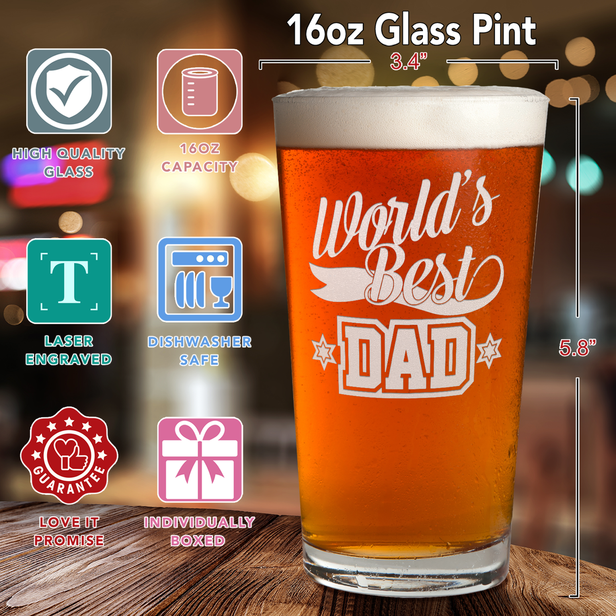 World's Best Dad Engraved Beer Pint Glass