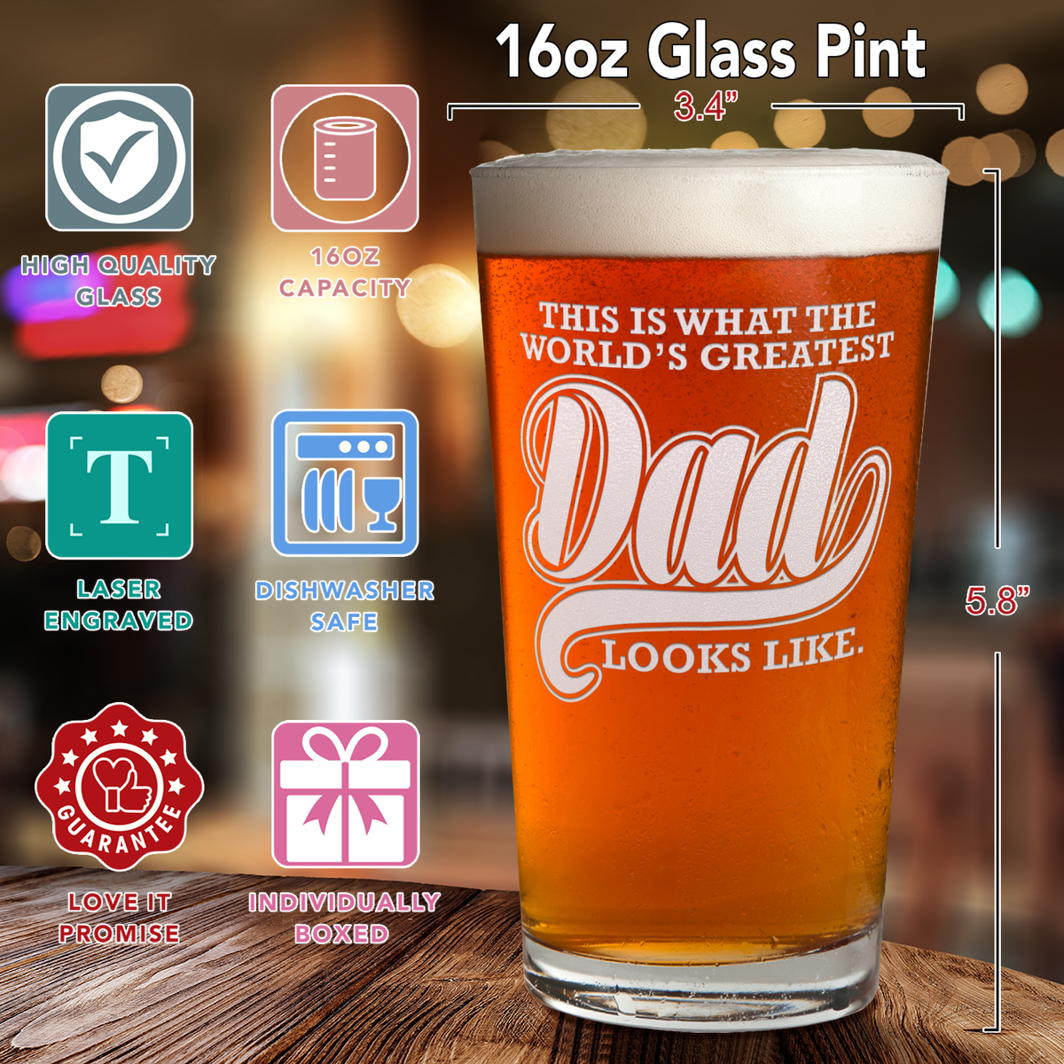 World's Greatest Dad Engraved Beer Pint Glass