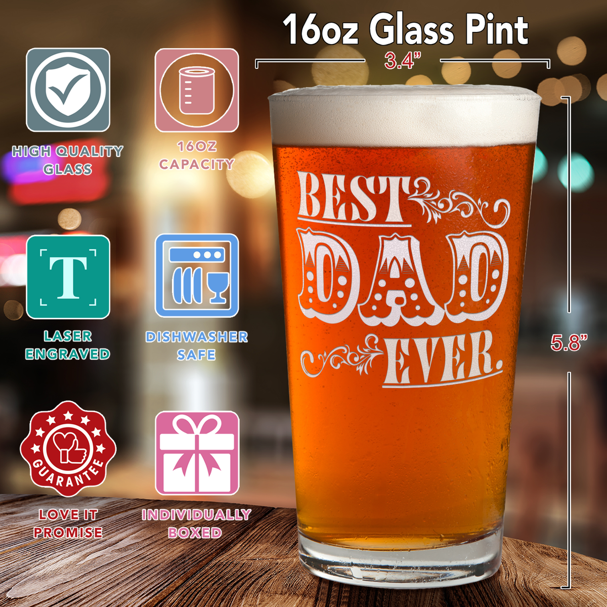 Best Dad Ever Engraved Beer Pint Glass