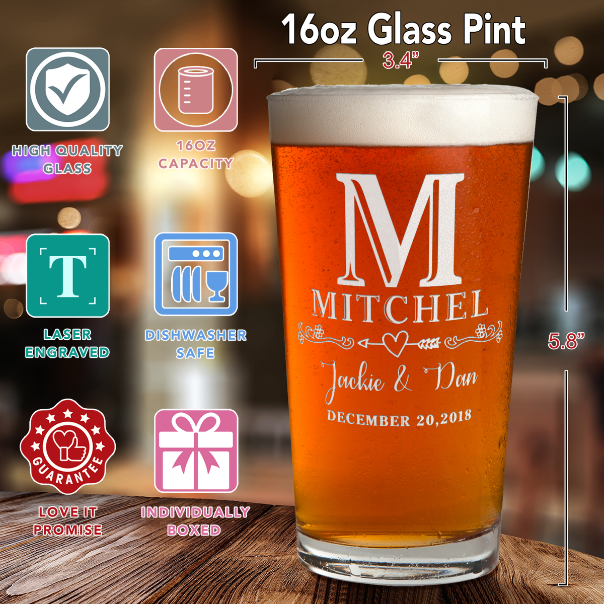 PersonalizedMonogram Initial and Name with Anniversary Date Laser Engraved Glass Pint