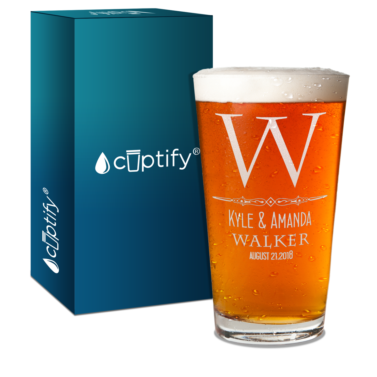 Personalized ClassicMonogram Initial and Surname with Anniversary Date Laser Engraved Glass Pint