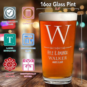 Personalized ClassicMonogram Initial and Surname with Anniversary Date Laser Engraved Glass Pint