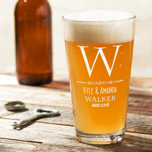 Personalized ClassicMonogram Initial and Surname with Anniversary Date Laser Engraved Glass Pint