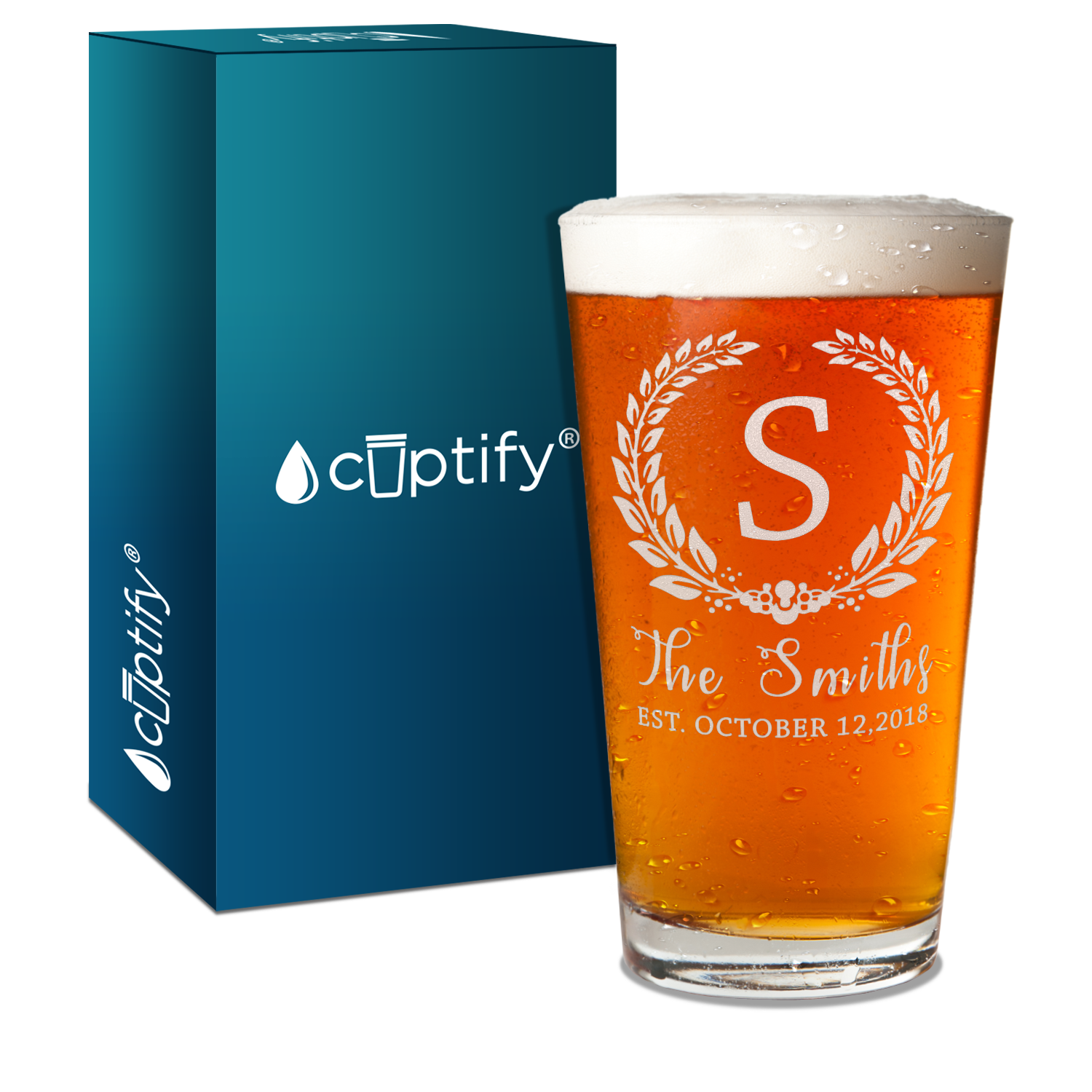 Personalized CrestMonogram Initial and Surname Anniversary Date Laser Engraved Glass Pint