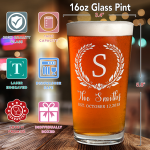 Personalized CrestMonogram Initial and Surname Anniversary Date Laser Engraved Glass Pint