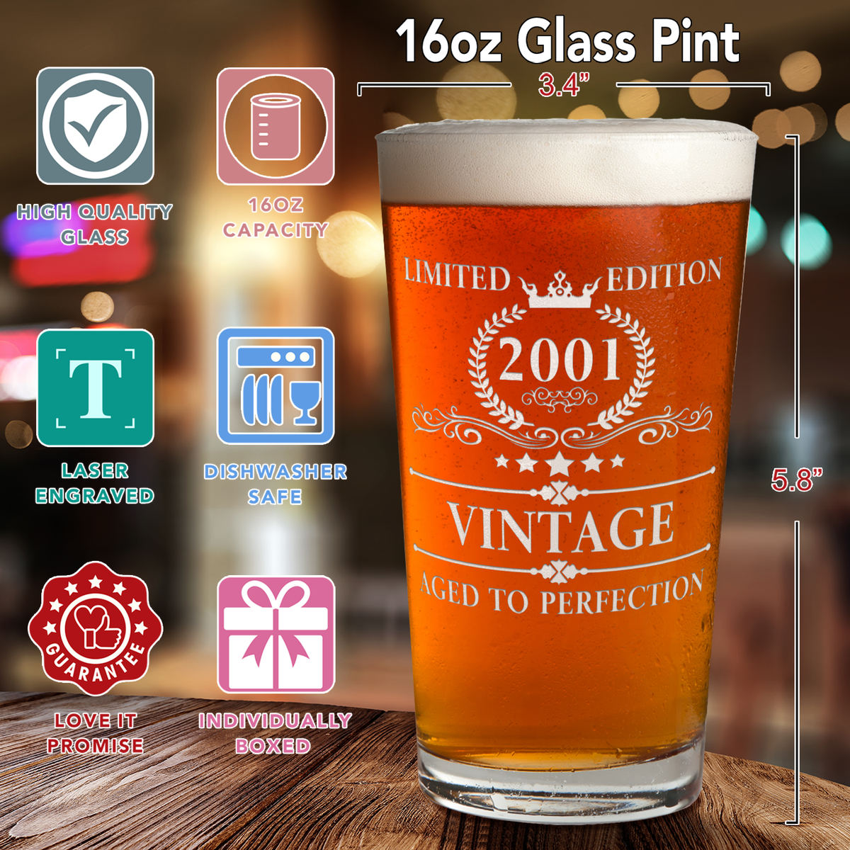 Birthday Vintage Old Established 2001 Glass Pint