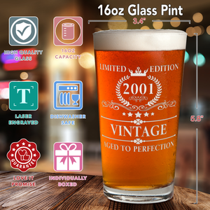 Birthday Vintage Old Established 2001 Glass Pint