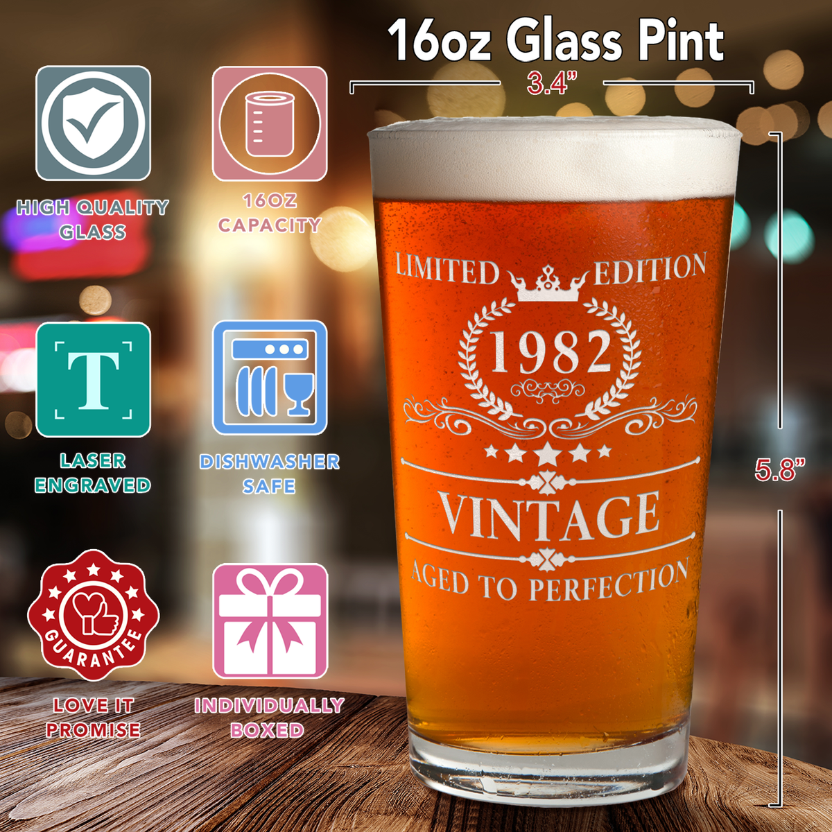 Birthday Vintage Old Established 1982 Glass Pint
