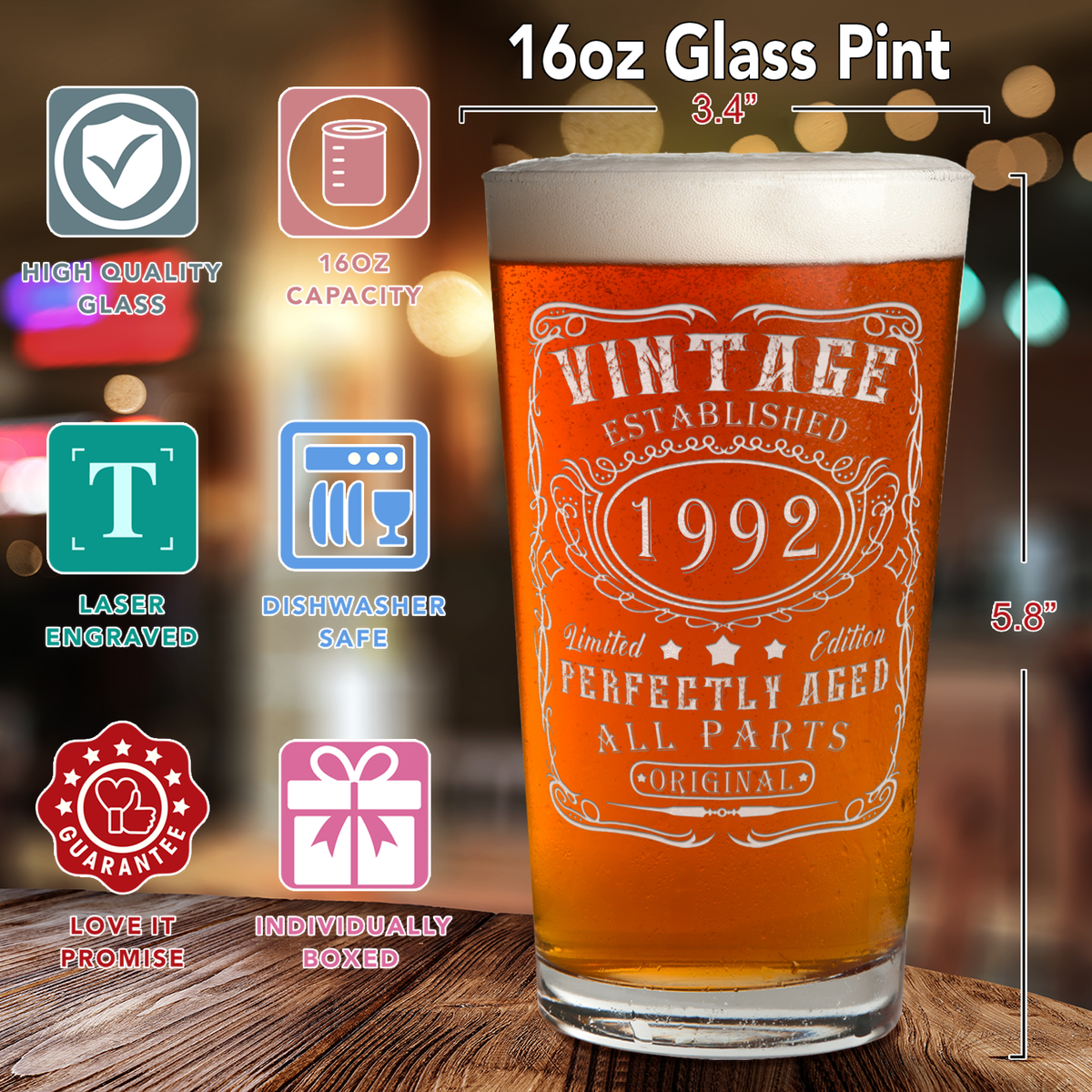 30th Birthday Gift Vintage Established 1992 Glass Pint