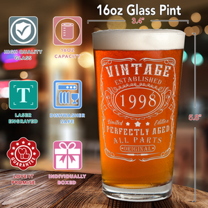 24th Birthday Gift Vintage Established 1998 Glass Pint