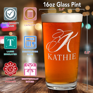 Personalized ScriptMonogram Initial and Name Laser Engraved Glass Pint