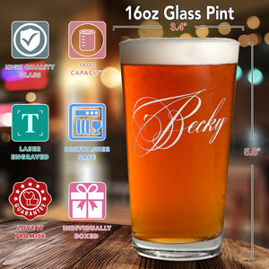 Personalized Decorative Script Laser Engraved Glass Pint