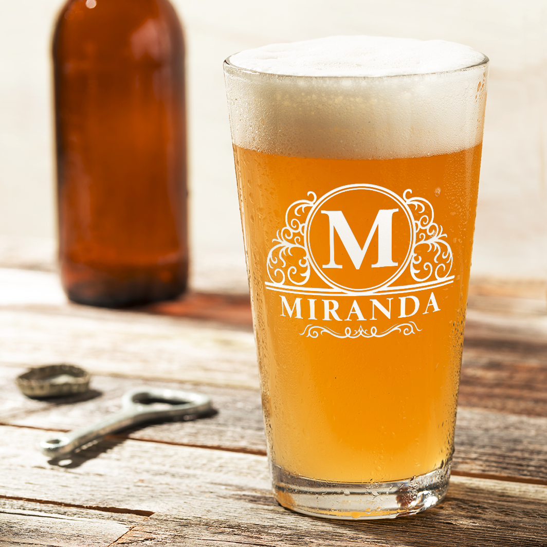 Personalized Elaborate CircleMonogram Laser Engraved Glass Pint