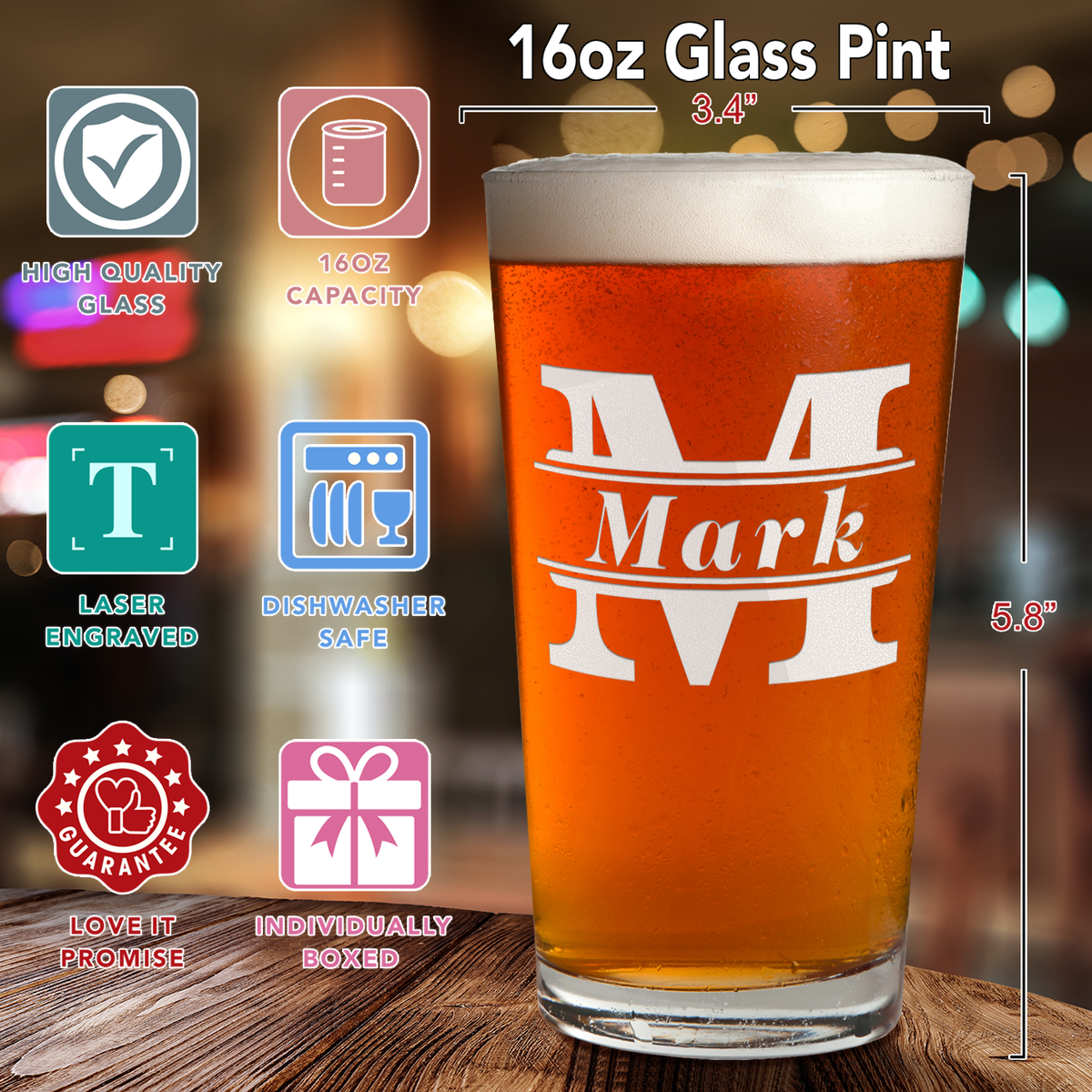 Personalized Initial Classic Block Laser Engraved Glass Pint