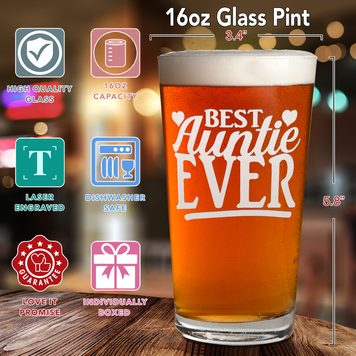 Best Auntie Ever Engraved Beer Pint Glass