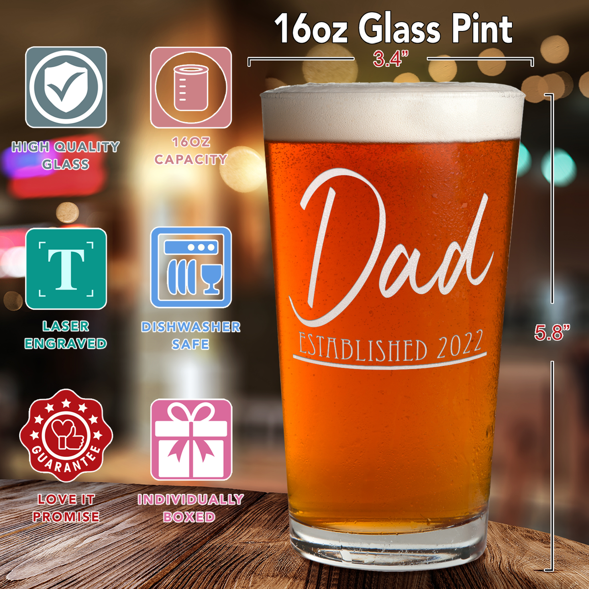 Dad Established Engraved Beer Pint Glass