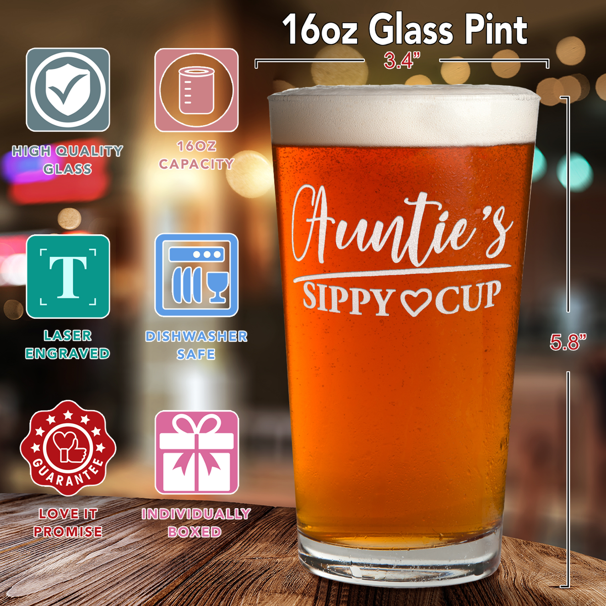 Auntie's Sippy Cup Engraved Beer Pint Glass