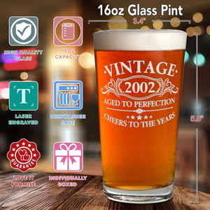 Vintage Aged To Perfection  2002 Erched on 16oz Glass Pint