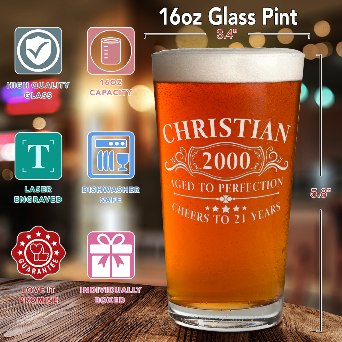 Personalized Aged To Perfection 2000 Laser Engraved Glass Pint