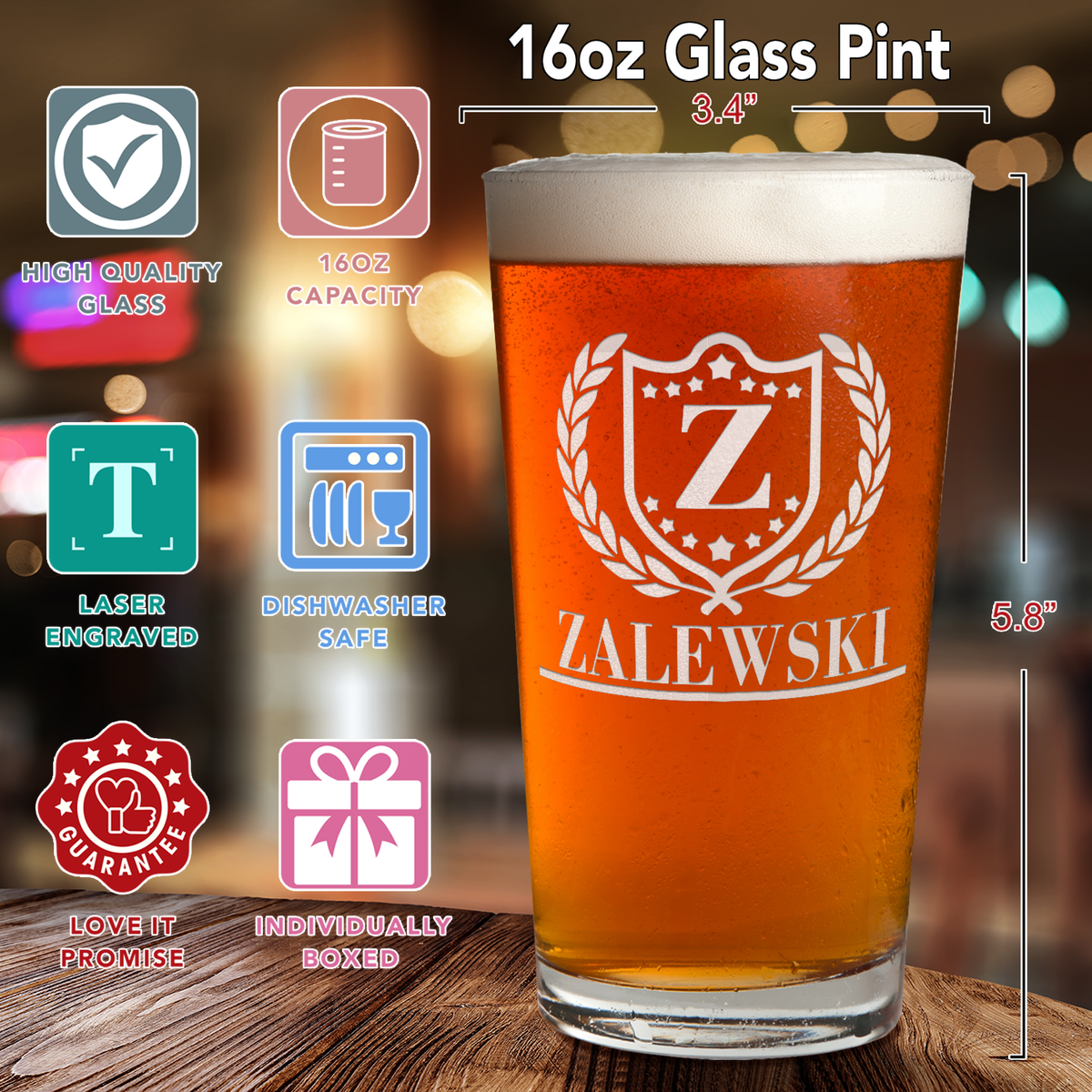 PersonalizedMonogram Initial and Name with Laurels Laser Engraved Glass Pint